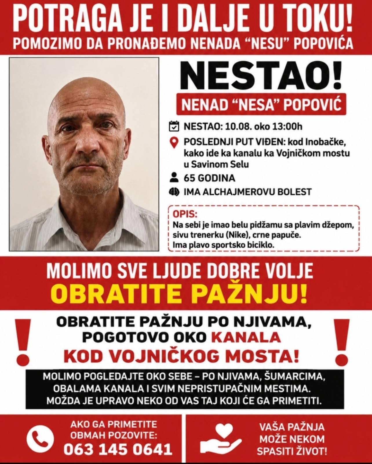 Apel za pomoć: Nenad Popović iz Savinog Sela još nije pronađen